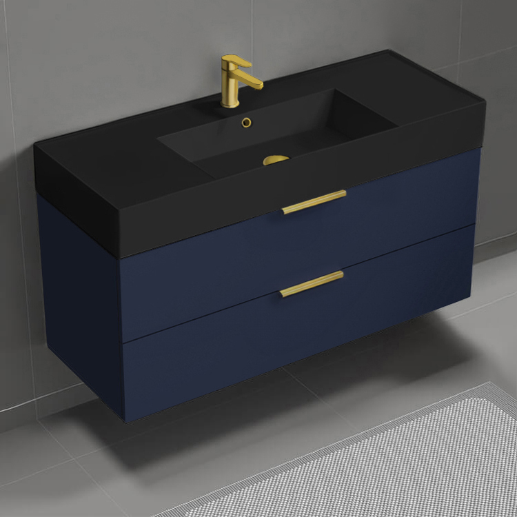 Bathroom Vanity Floating Bathroom Vanity, Modern, Blue, 48 Inch, Gold Handles Nameeks DERIN455